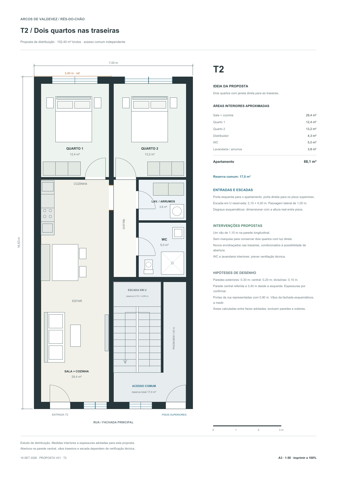 Plan de principe d'un appartement de deux chambres au rez-de-chaussée